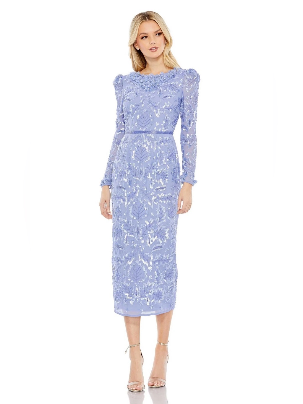 Mac Duggal Lilac Sequin & Embroidered Long Sleeve Midi Dress